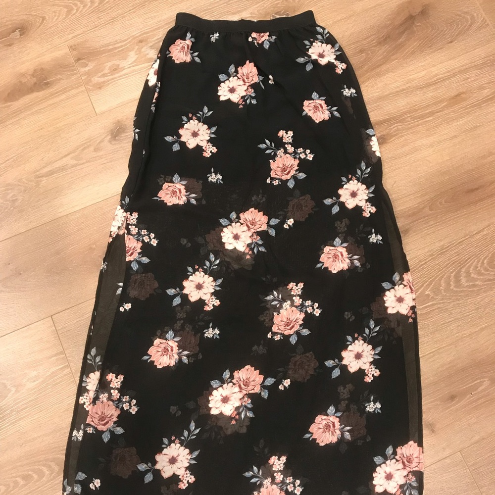 Black with Flowers Long Skirt with Mini Skirt